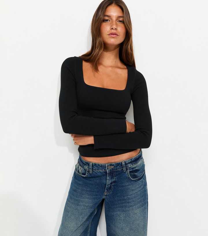Premium Black Long Sleeve Square Neck T-Shirt