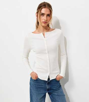 Cream Rib Button Through Slash Neck Long Sleeve Top