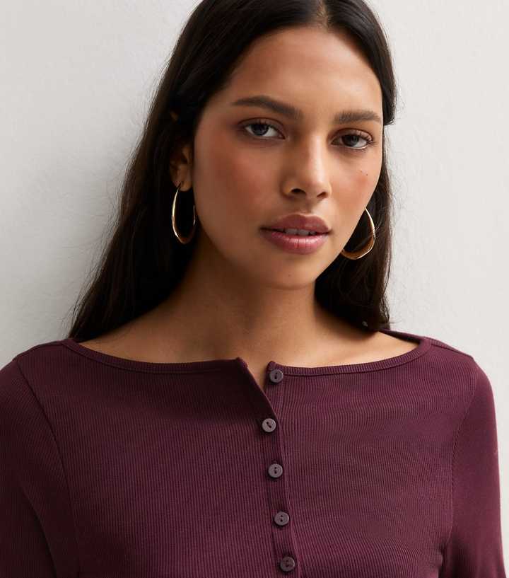 Light Burgundy Rib Button Through Slash Neck Long Sleeve Top