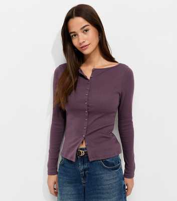 Dark Burgundy Rib Button Through Slash Neck Long Sleeve Top