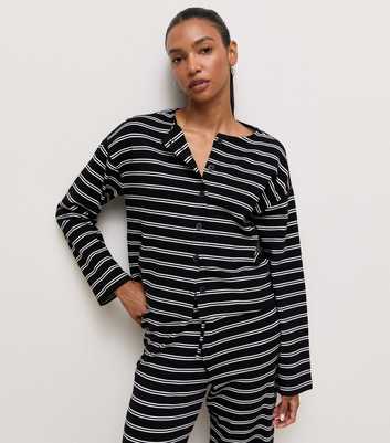 Black Cotton Rich Stripe Button Through Long Sleeve Top