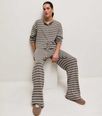 Brown Cotton Rich Stripe Button Through Long Sleeve Top