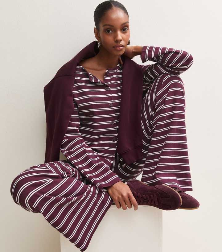 Red Cotton Rich Stripe Button Through Long Sleeve Top