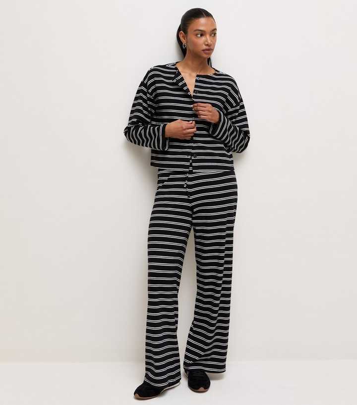 Black Cotton Rich Striped Drawstring Wide Leg Trousers