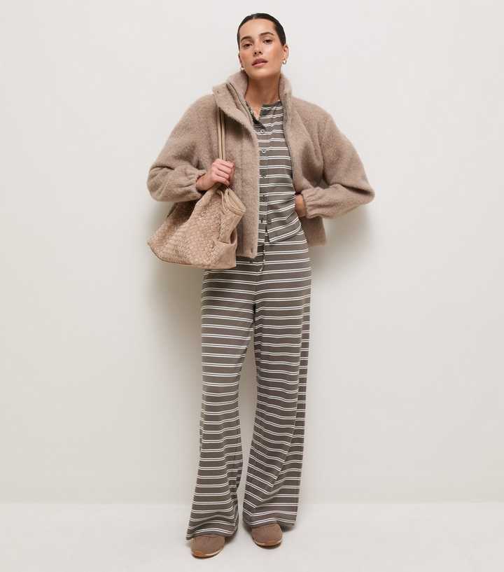 Brown Cotton Rich Striped Drawstring Wide Leg Trousers