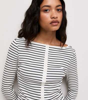 Black Cotton Rich Ribbed Long Sleeve Button Front Top