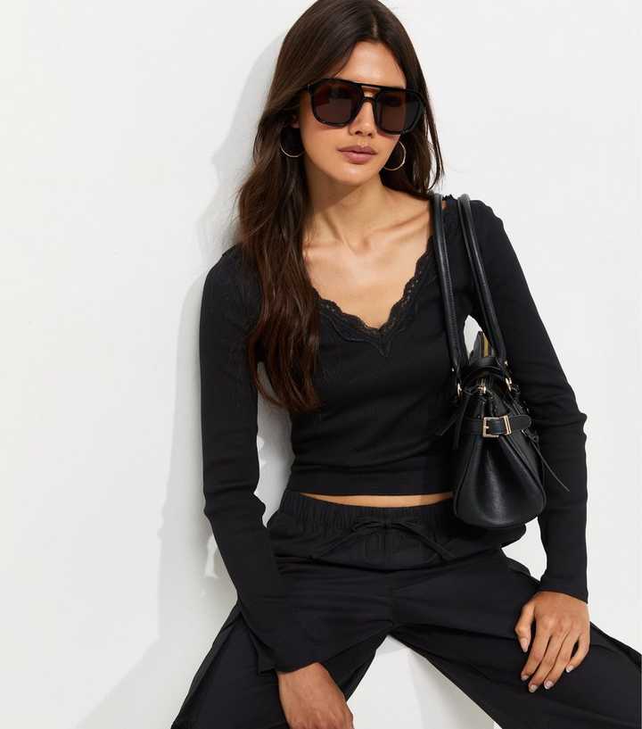 Black Cotton Rich Lace Trim Ribbed V-Neck Top