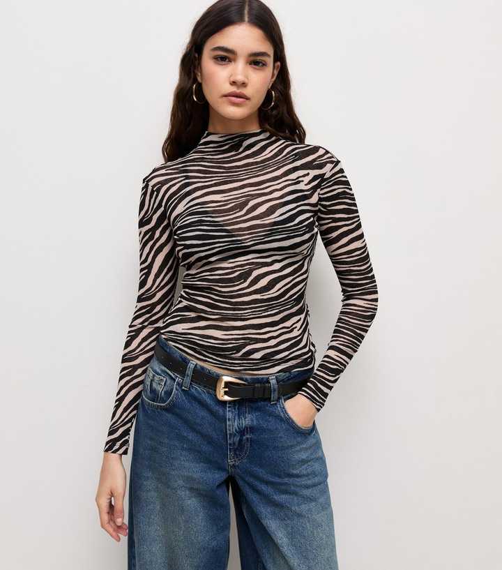 Brown Zebra Print High Neck Long Sleeve Mesh Top