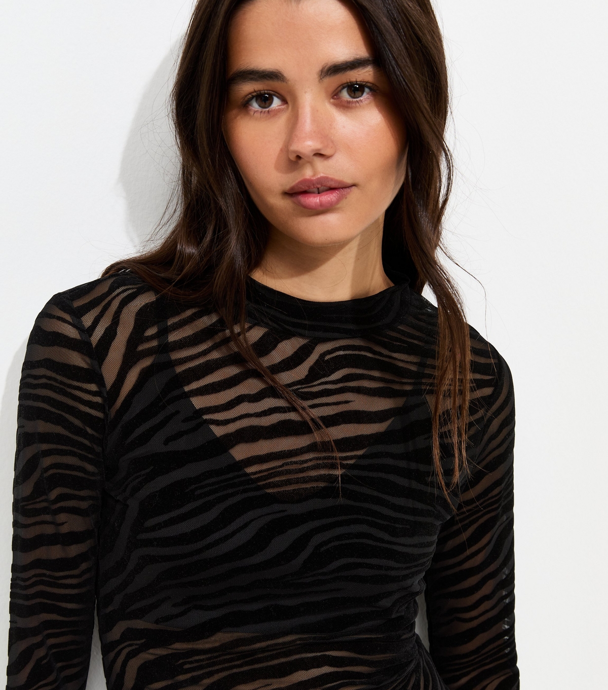 Women's Black Mesh Jersey Zebra Flocked Long Sleeve Top New Look