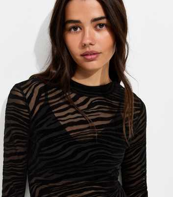 Black Mesh Jersey Zebra Flocked Long Sleeve Top
