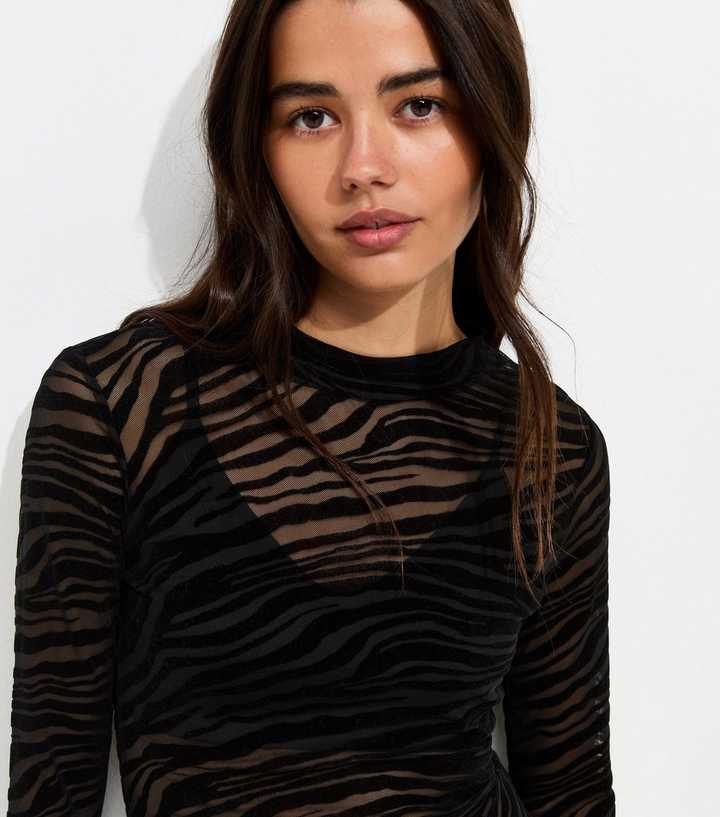 Black Mesh Jersey Zebra Flocked Long Sleeve Top