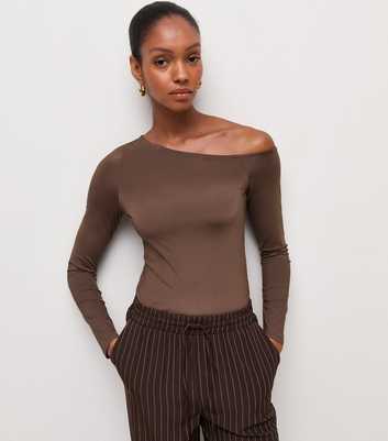 Brown Slinky Jersey Off the Shoulder Long Sleeve Top