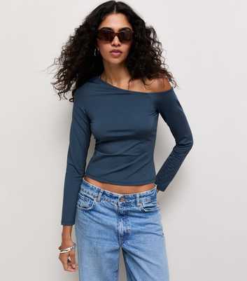 Blue Slinky Jersey Off the Shoulder Long Sleeve Top