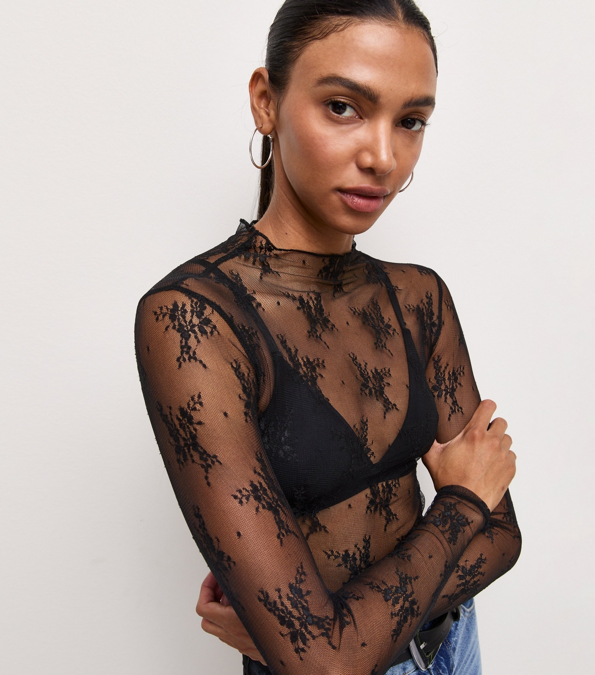 Women's Black Sheer Floral Lace High Neck Long Sleeve Top New Look