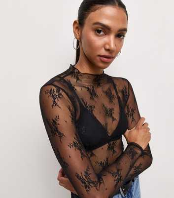 Black Sheer Floral Lace Long Sleeve Top