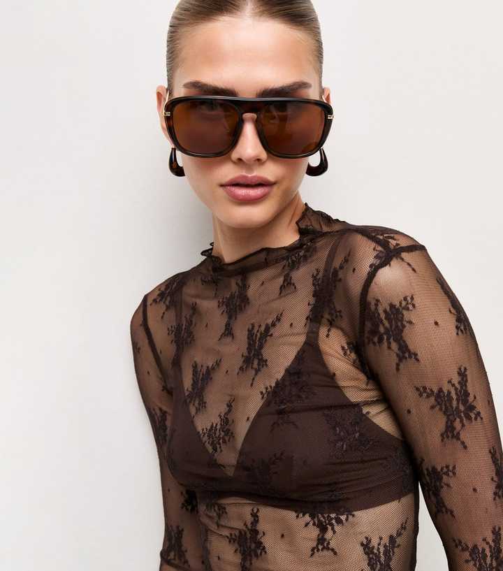 Dark Brown Sheer Floral Lace High Neck Long Sleeve Top