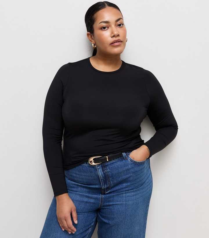 Curves Black Jersey Long Sleeve Crew Neck Top