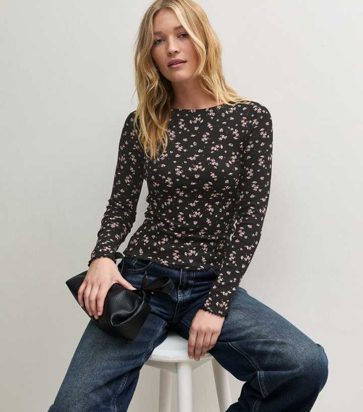Black Cotton Rich Floral Babylock Long Sleeve T-Shirt