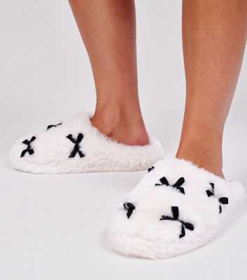 Loungeable White Faux Fur Velvet Bow Slippers