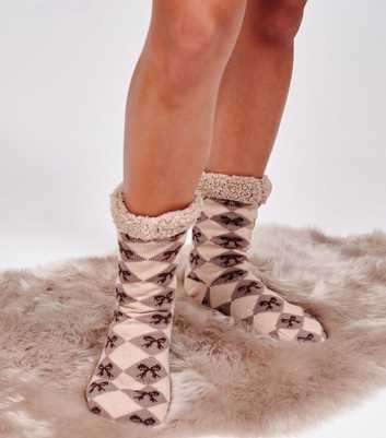 Loungeable Brown Diamond Bow Pattern Slipper Socks