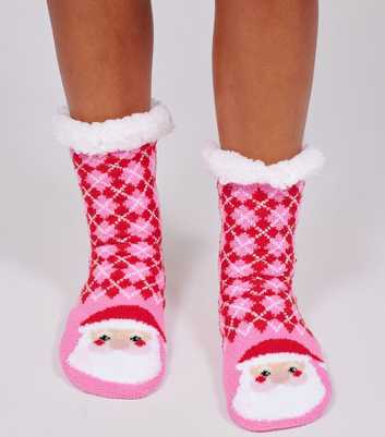 Loungeable Pink Argyle Santa Fluffy Trim Slipper Socks