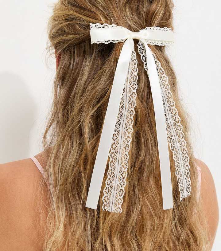 Cream Satin Lace Bow Hair Clip