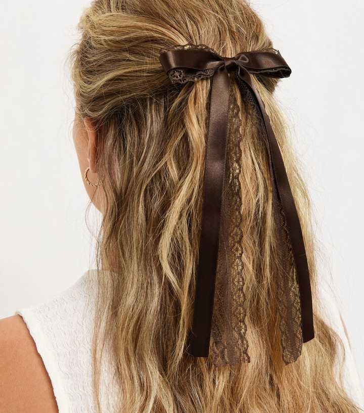 Dark Brown Satin Lace Bow Hair Clip