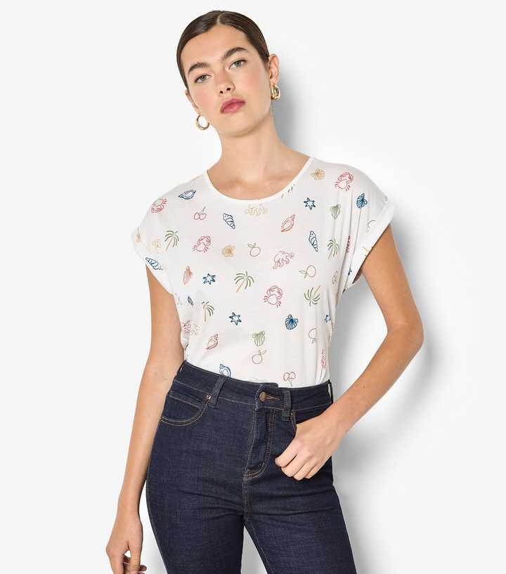 Apricot White Coastal Print Turn Up Sleeve T-Shirt