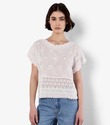 Apricot White Embroidered Mesh and Lace Top