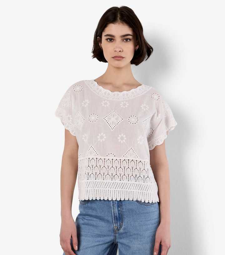 Apricot White Embroidered Mesh and Lace Top