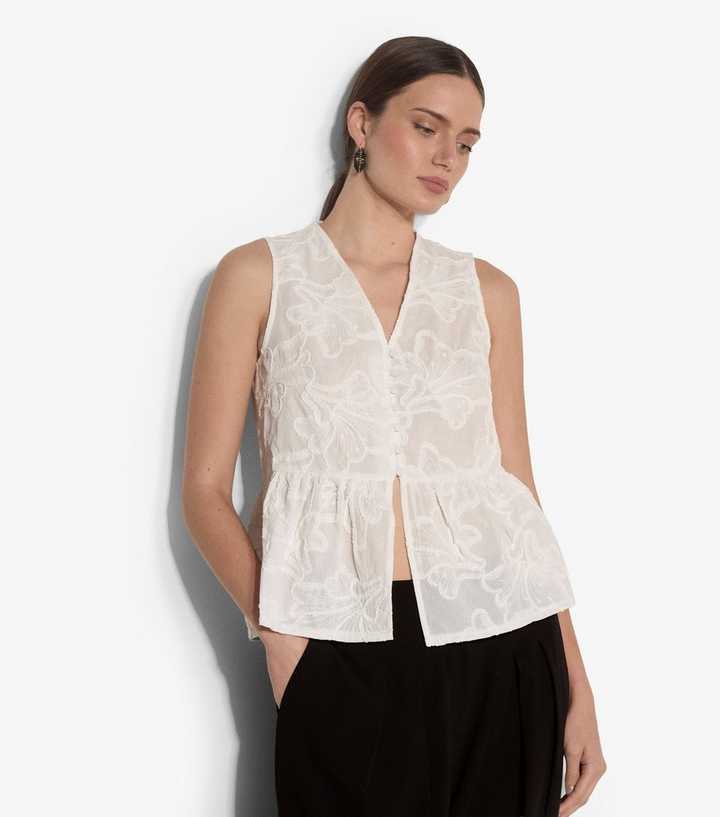 Apricot White Embroidered Peplum Top