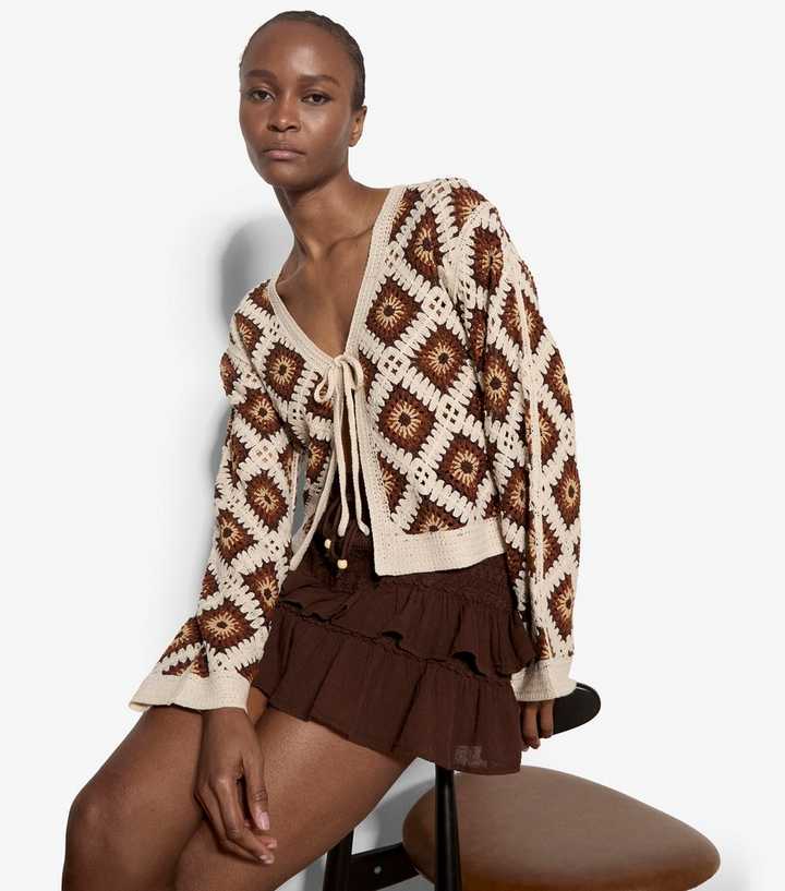 Apricot Brown Patchwork Tie Front Cardigan