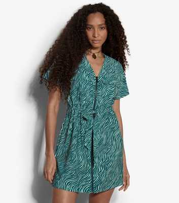 Apricot Blue Wave Print Front Zip Dress