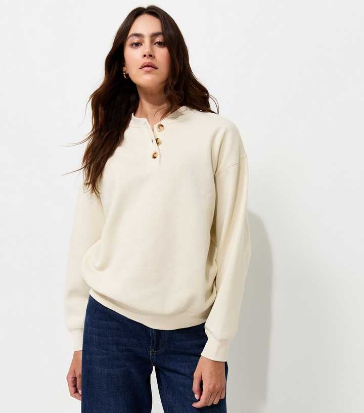 Cream Cotton Rich Henley Collar Sweatshirt