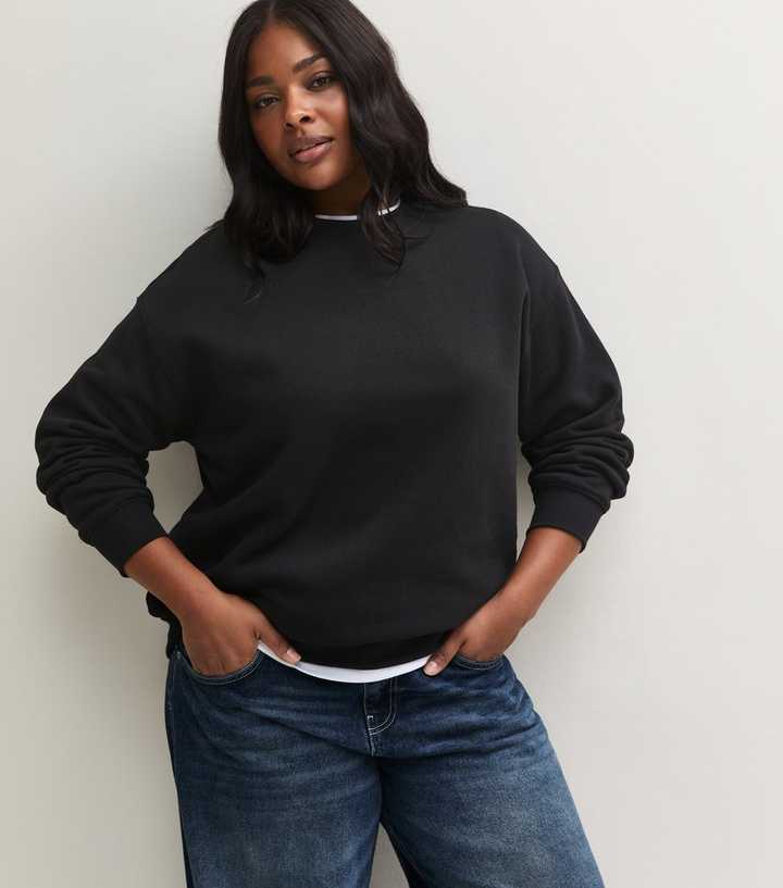 Curves Black Cotton Rich Round Neck Jersey Sweatshirt