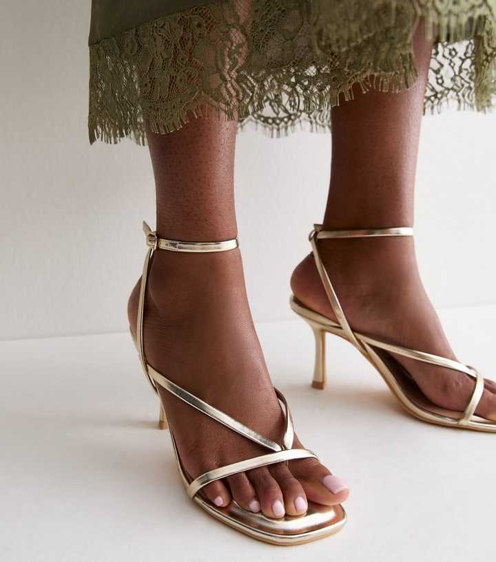 Gold Faux Leather Toepost Strappy Stiletto Heel Sandals