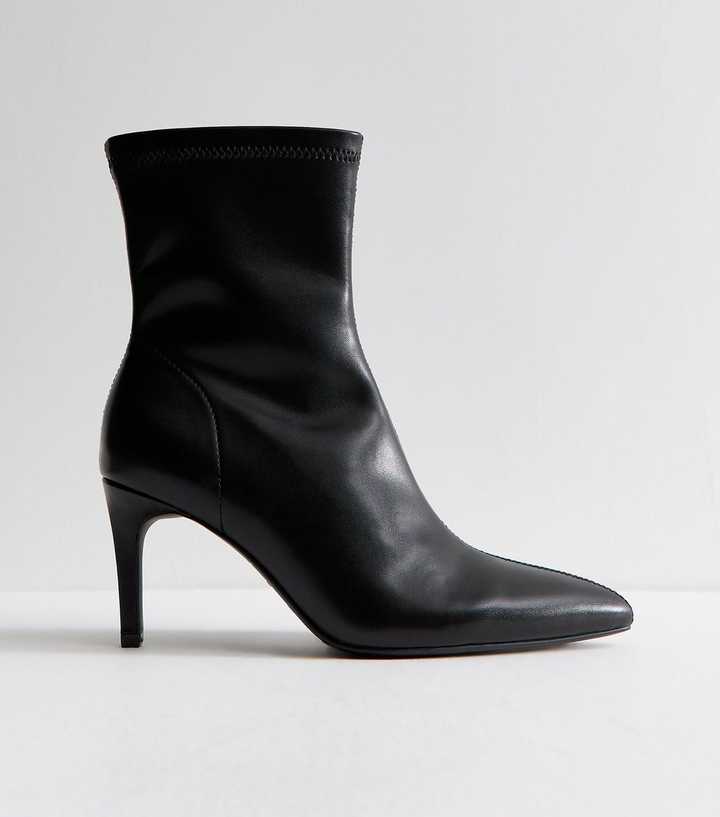 Black Faux Leather Pointed Sock Stiletto Ankle Boots