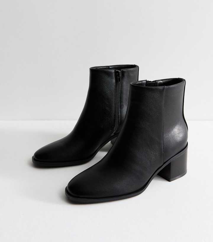 Black Faux Leather Almond Toe Block Heel Ankle Boots
