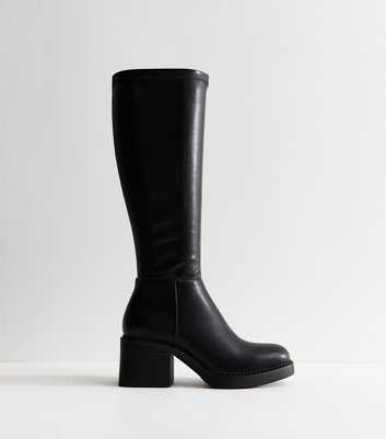 Black Stretch Faux Leather Square Toe Knee High Boots