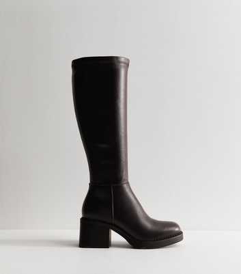 Dark Brown Stretch Faux Leather Square Toe Knee High Boots