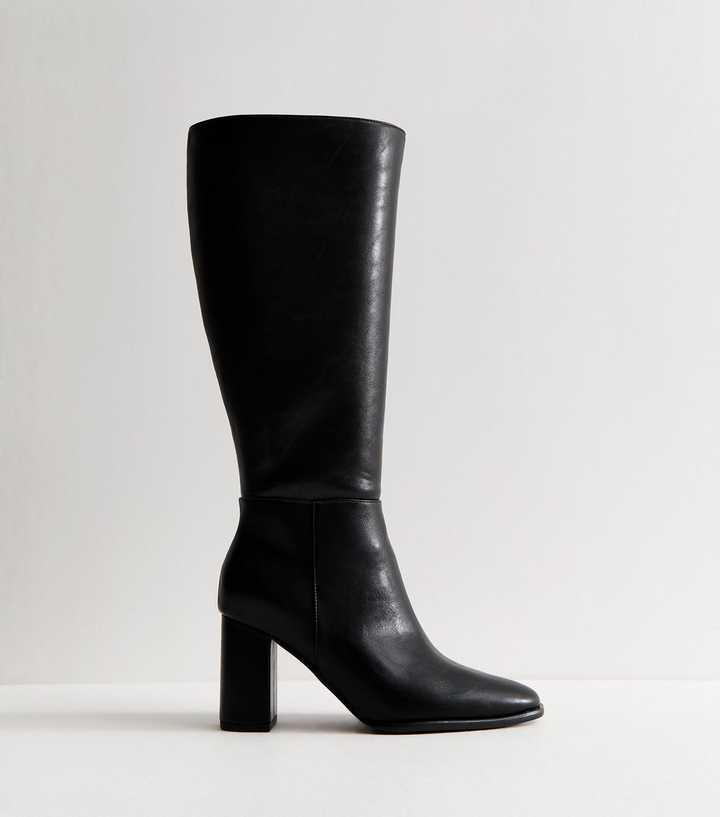 Extra Calf Fit Black Faux Leather Heeled Knee High Boots