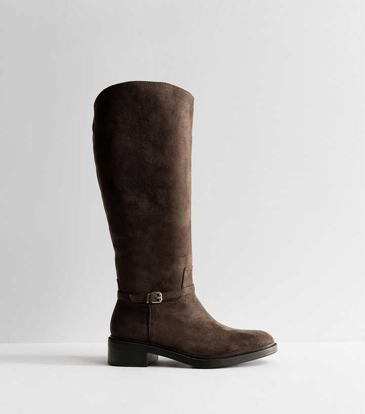 Dark Brown Faux Suede Buckle Trim Riding Boots