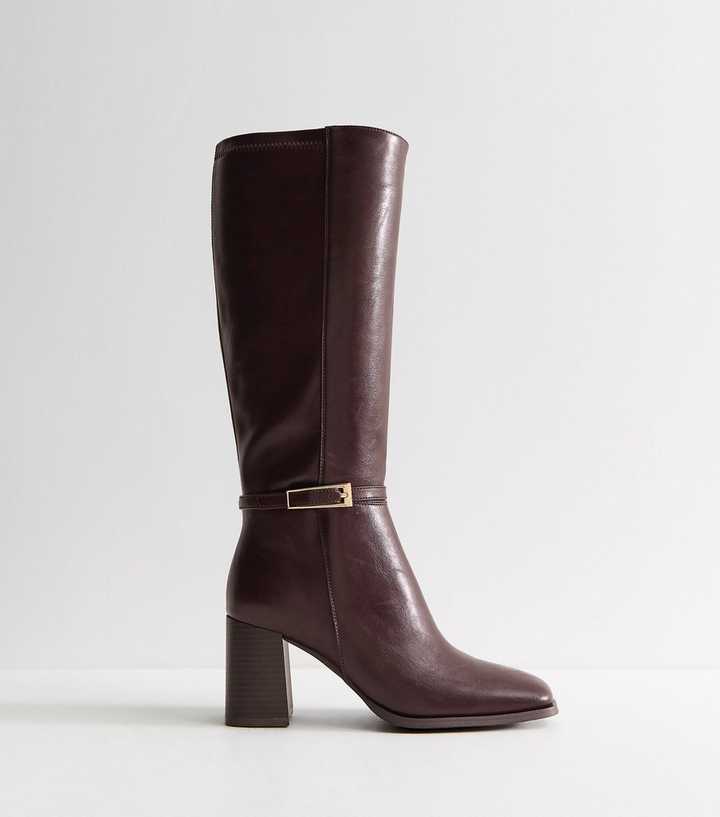 Wide Fit Dark Burgundy Faux Leather Square Toe Block Heel Boots