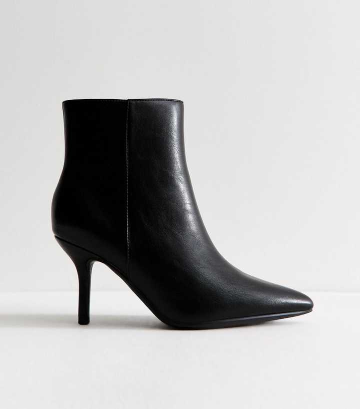 Wide Fit Black Faux Leather Pointed Toe Stiletto Ankle Boots