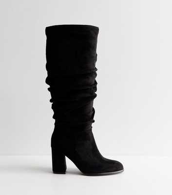 Wide Fit Black Faux Suede Ruched Block Heel Boots