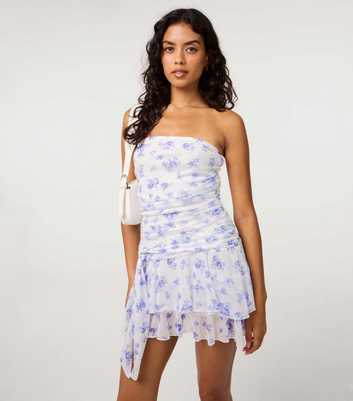 Pink Vanilla Blue Floral Print Bandeau Mesh Mini Dress