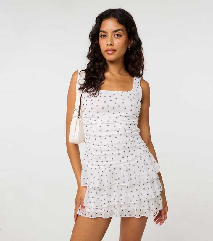 Pink Vanilla Off White Polka Dot Square Neck Dress