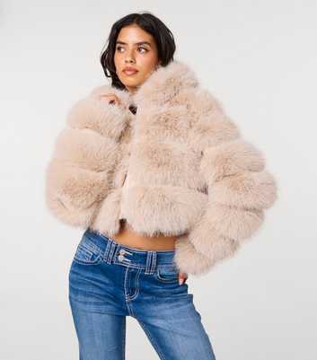 Pink Vanilla Oatmeal Faux Fur Pelted Hooded Jacket
