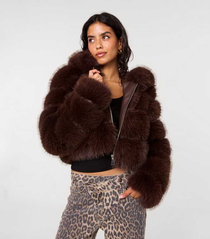 Pink Vanilla Dark Brown Faux Fur Pelted Hooded Jacket