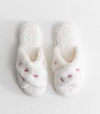 White Fluffy Embroidered Bow Slide Slippers
